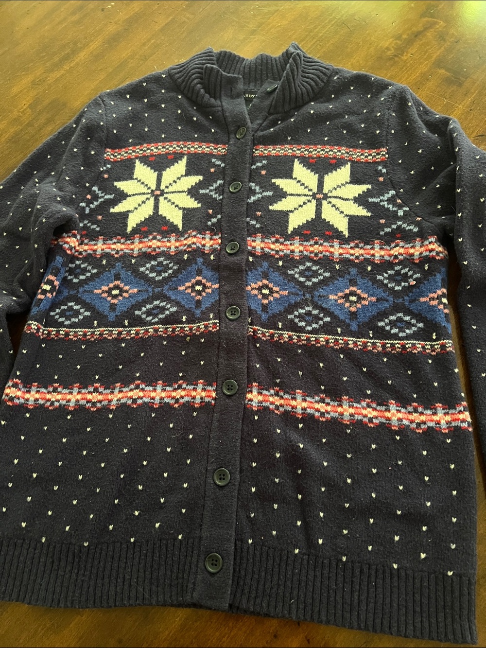 Lands' End Navy Fair Isle Button-Up Cardigan with Cream & Blue Accents